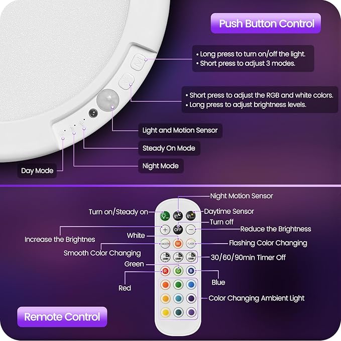 2 Pack Motion Sensor Rechargeable Shower Lights with Remote, RGBW Battery Operated Ceiling Light, Wireless, Color Changing, Warm-to-Cool Whites, Dimmable, Timer, Magnetic for Bathroom Closet Porch