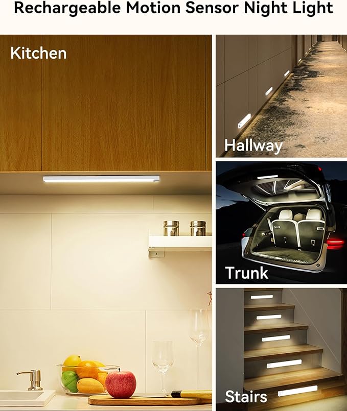 12 Inches Under Cabinet Lighting 12 Packs with 2 Charging Stations, Rechargeable Motion Sensor Light Indoor, 3 Color Temps, Dimmable Closet Light Stick on, Under Counter Lights for Kitchen