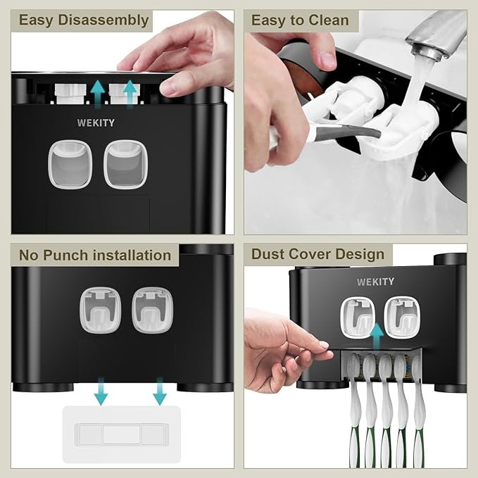 Toothbrush Holder Multi-Function Wall-Mounted, Automatic Toothpaste Dispenser & Dust-Proof Toothbrush Holder with 5 Brush Slots 4 Cups 2 Automatic Toothpaste Dispensers 1 Storage Slot (Black)