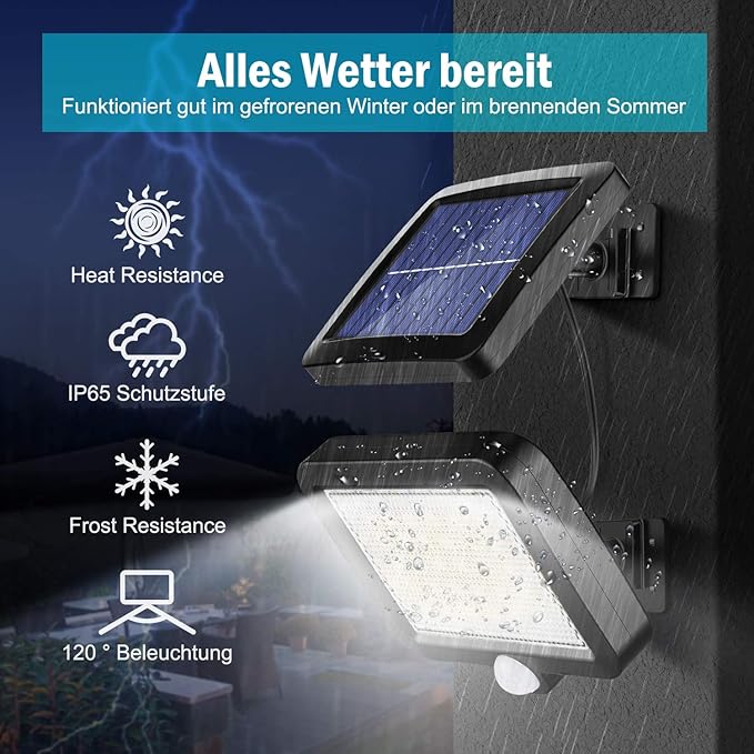 MPJ Solar Light Outdoor,56 LED Solar Light Outside with Motion Detector, IP65 Waterproof, 120° Lighting Angle, Solar Wall Light for Garden with 16.5ft Cable, 2 Pack