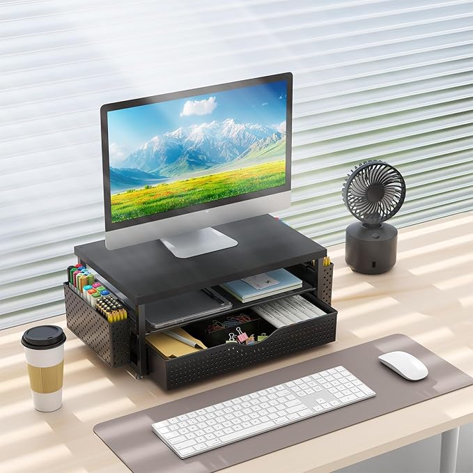 gianotter Monitor Stand Riser, Office Desk Shelf Organizer, Desk Organizer with Drawer and Pen Holder, 2-Tier Computer Stand, Office Organization (Ink)