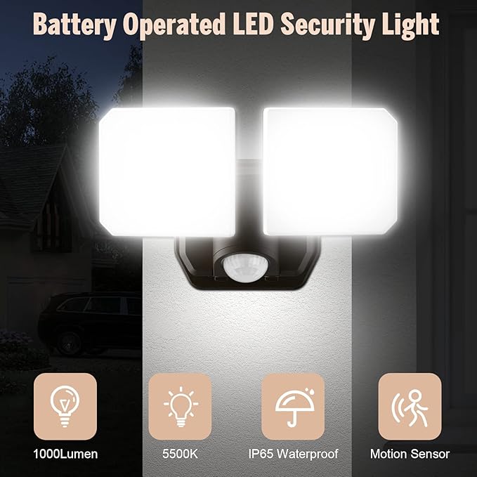 Battery Powered Motion Sensor Security Light,5000K 1000LM High Brightness,6 -Month Battery Life,No Wiring Installation,49FT Sensing Distance,Indoors or Outdoor Used,2-Year Warranty