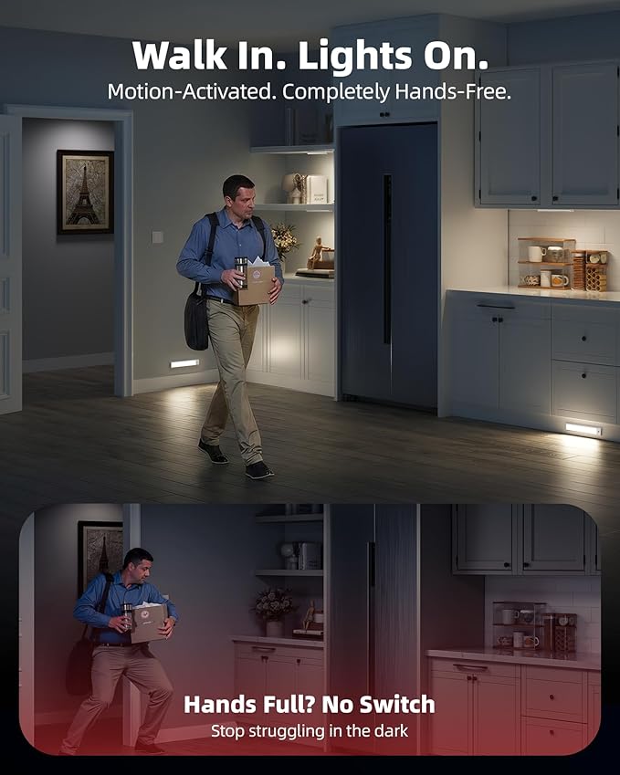 10inch Under Cabinet Lighting, 6-Pack Rechargeable Motion Sensor Light Indoor, Magnetic Closet Lights, Dimmable & 3 Color Temps, Wireless Under Counter Lights for Kitchen, Stairs