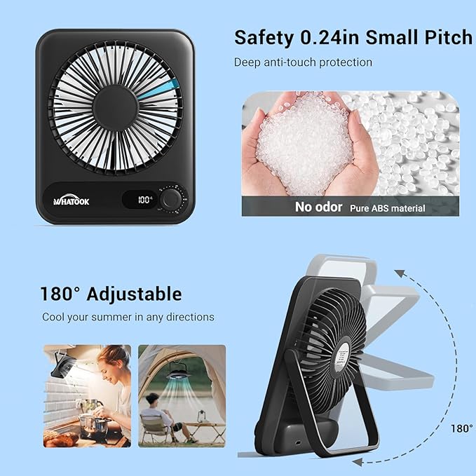 WHATOOK Small Desk Fan Personal Fans: 5000mah 25 Hours Battery Office Quiet Mini Desktop Fan Portable Rechargeable Travel Essentials (Black, 5000 mAh)