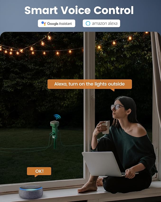 SURAIELEC Outdoor Power Stake, Smart WiFi Light Timer with 6 Electrical Outlets, 6FT Power Strip, Weatherproof for Patio, Outdoor Lights, Christmas Decoration, Compatible with Alexa/Google Assistant