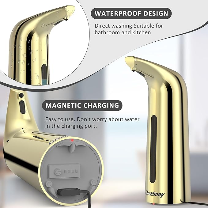 Automatic Soap Dispenser,4 Adjustable Levels Touchless Hand Sanitizer Pump with Infrared Sensor, Countertop Electric Soap Dispenser for Bathroom,Kitchen(TS2012) (GoldGold)