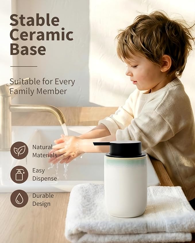 BosilunLife Hand Soap Dispenser - Foam Soap Dispenser Bathroom Ceramic Dish Liquid Soap Dispenser for Kitchen, Bathroom Countertop Soap Dispensers (White with Blue-Green Rim Foam Pump)