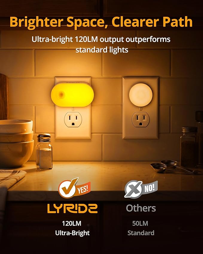 Lyridz 120LM Ultra Bright Plug-in Motion Sensor Night Light, Stepless Dimmable LED Nightlight, Always-On and Auto-Off, for Hallway, Stairs, Bathroom, Bedroom, Garage, Amber (2-Pack)