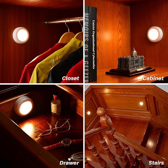 STAR-SPANGLED 3 Pack 3.1” Motion Sensor Lights Indoor AA Battery Operated, Stick on LED Puck Light for Closet, Stairs, Under Cabinet, Kitchen, Warm White