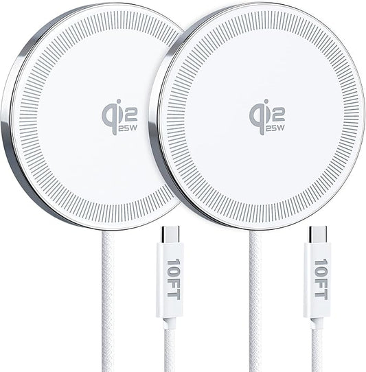 25W Wireless Charger for MagSafe, Qi2.2 Magnetic Fast Charging Pad for iPhone 17/16/15/14/13/12 Series & AirPods, Strong Magnet, Portable Wireless Charger for Travel Home Office (White, 2Pack(10FT))