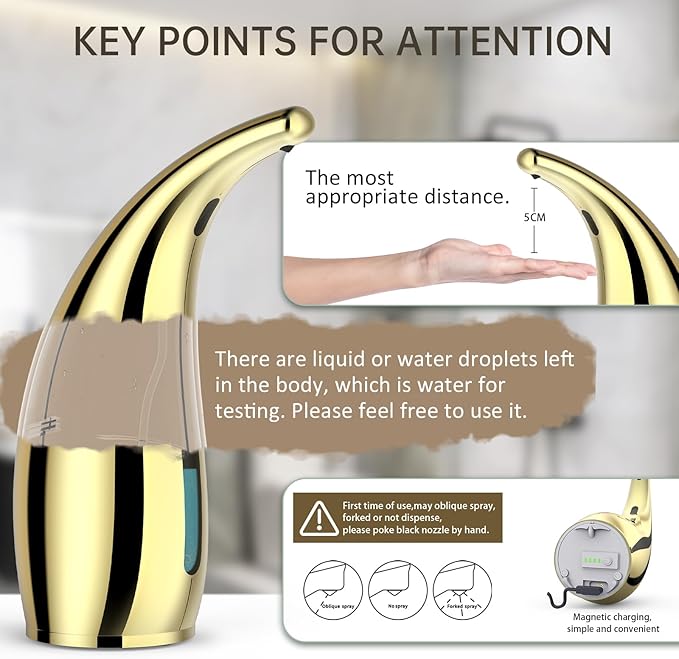 Automatic Soap Dispenser Touchless,300ML Hand & Dish Countertop Electric Liquid Rechargeable Dispenser with Sensor,Modern 4 Gear Adjustable Waterproof Kitchen Auto Soap Pump（Gold）