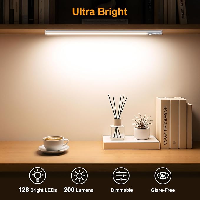 Gritin 14.7inch Under Cabinet Lighting Rechargeable 2 Pack- 3 Color Temps&5 Level Brightness, Super Bright, 4 Modes, Motion Sensor, Long Lasting - Easy Installation Magnetic Under Closet Lights-Silver