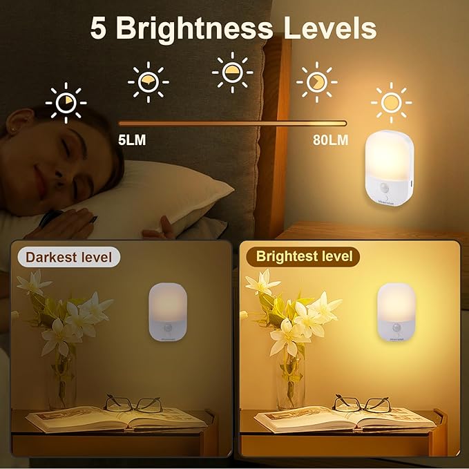 Motion Sensor Night Light, LED Dimmable Warm White Type-C Rechargeable Battery, for Hallway, Bathroom, Stair, Wardrobe, Bedroom, Auto On/Off, 2 Pack