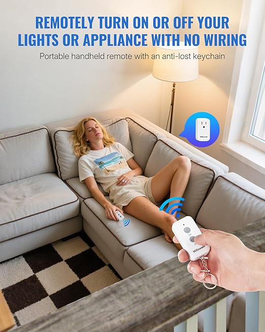 Remote Control Outlet Plug, WILAWELS Wireless Light Switch, On Off Remote Switch Outlet for Light, Lamp, Home Appliance, 100ft RF Range, 15A/1875W, FCC Listed, Two Switches for One 0utlet W02RC2106