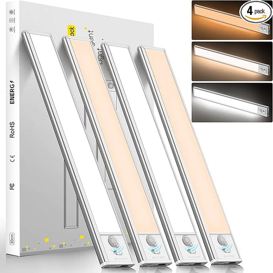 15.75inch Under Cabinet Lighting,with Motion Sensor,74LED 3Color Temperature,Closet Lights Motion Sensored, USB-C Charging,Durable And easy-to-install Magnetic Cabinet Light,staircases,wardrobes-4Pack