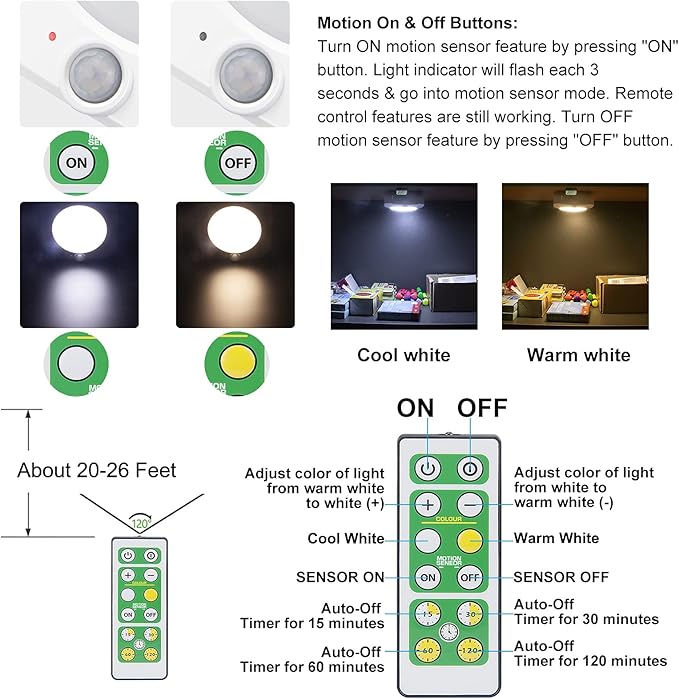 BIGMONAT Cordless Shower Light with Remote and Timer, Motion Sensor Ceiling Light, Battery Operated for Shower Bedroom Hallway Stair Corridor Closet Counter Bathroom, Brightness Dimmable