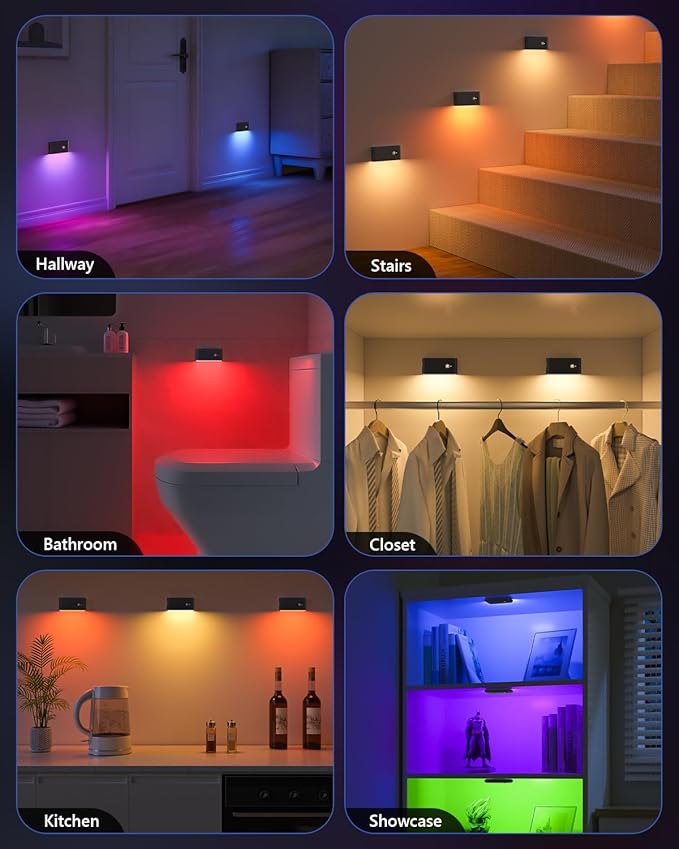 WILLED Motion Sensor Light Indoor, RGB & Warm White Motion Sensor Night Light, Rechargeable Stair Lights Indoor, Color Changing Night Light for Stair,Hallway,Bathroom,Cabinet,Kitchen,10 Pack