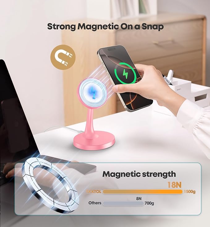 TXXTOL Magnetic Wireless Charger iPhone Stand, 15W Fast Mag-Safe Charger iPhone 17/17 Air/17 Pro/17 Pro Max 16/15/14/13/12 Series Magnet Wireless Charging Station/Pad/AirPods for Home, Office, Travel