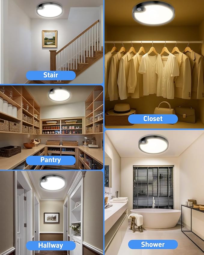 TOOWELL Waterproof Shower Light Indoor - Rechargeable Motion Sensor Ceiling Light, 3CCT Closet Light Battery Operated, Wireless Overhead Sensor Light for Shower Closet Pantry Hallway