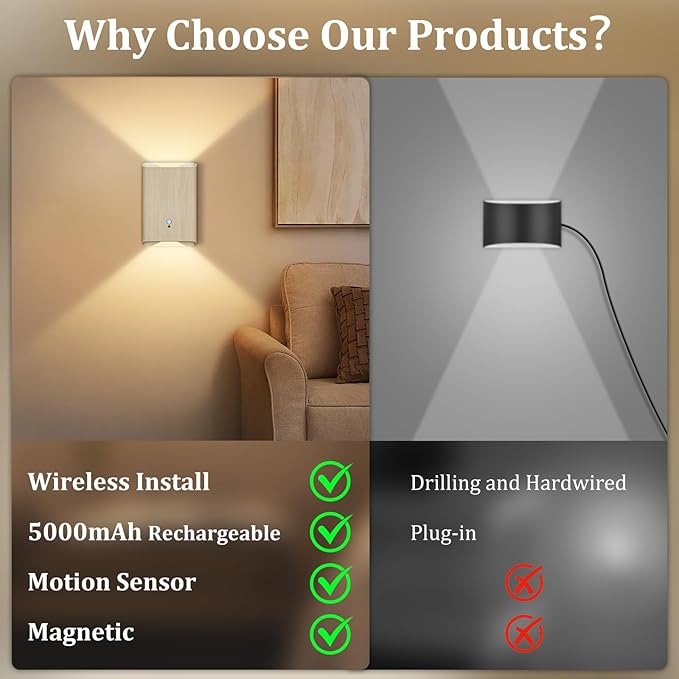 4 Pack Rechargeable Wall Sconce: Battery Operated Motion Sensor Wall Light with Remote, Magnetic Motion Sensor Stair Light Indoor, 3CCT Dimmable Wireless Wall Lamp for Bedroom Hallway Closet, Beech
