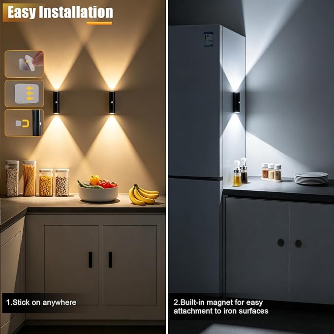 2 Pack Motion Sensor Wall Light, Rechargeable Wall Sconces Battery Operated with 3 Colors & Dimmable, Magnetic Wireless Wall Sconces for Stair Bedroom Hallway Bathroom (Black)