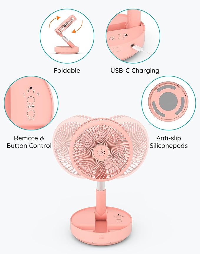 Primevolve Portable Fan, |21H Battery|7200mAh Rechargeable Oscillating Fan with Remote, Foldable Telescopic 7.7" for Travel Camping Cruise Hotel Bedroom, Pink