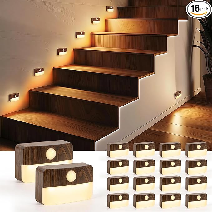 Guankai 16 Pack Motion Sensor Stair Light for Indoor, Battery Operated Closet Lights, Wireless Stick on Anywhere Hallway Lamp, Portable Led Night Lamps for Bedroom Under Cabinet Kitchen, Wood Grain