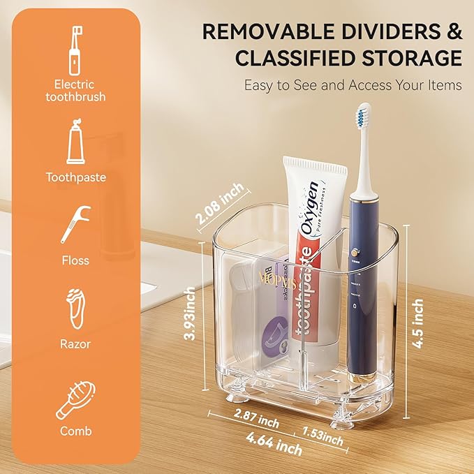 Toothbrush Holders with Drainage for Bathroom Countertop Organizer, 2 Slots Electric Toothbrush Holder Wall-Mount with Divider for Easy Clean, Tooth Brush and Toothpaste Holder for Bathroom Kitchen