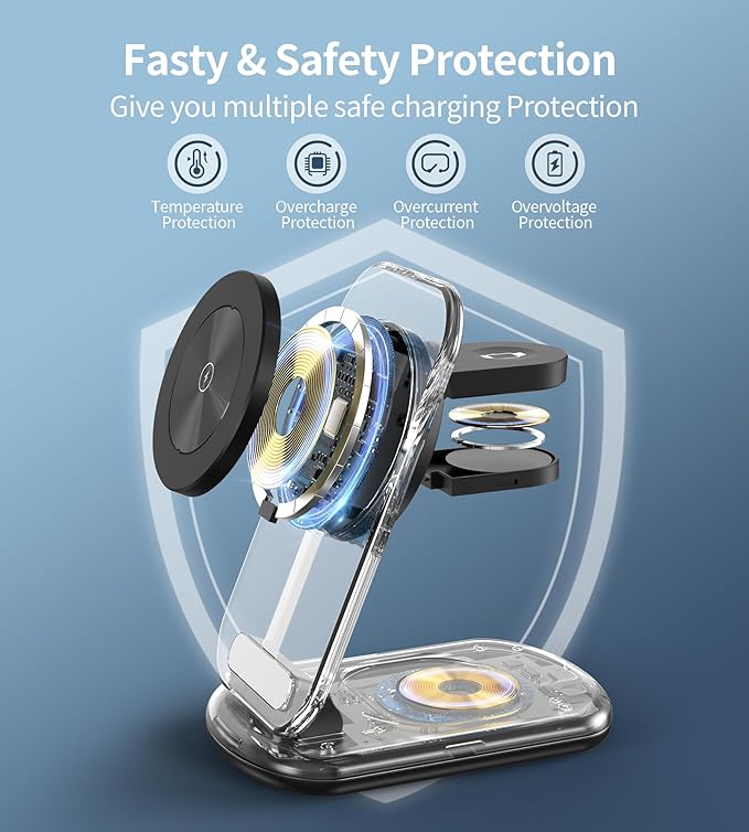 3 in 1 Magnetic Wireless Charging Station for Apple Devices, Fast Foldable Travel Mag-Safe Charger Stand with Night Light for iPhone 17 16 15 14 13 12 Series, Apple Watch/AirPods Pro-Gift for Friends