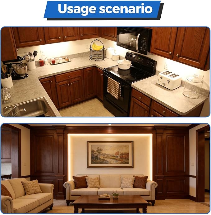 Under-cabinet lighting 6 x 20-inch flexible LED strips (includes UL-certified power adapter) 4000K daylight color temperature Suitable for kitchen cabinets countertops under shelves and wardrobes