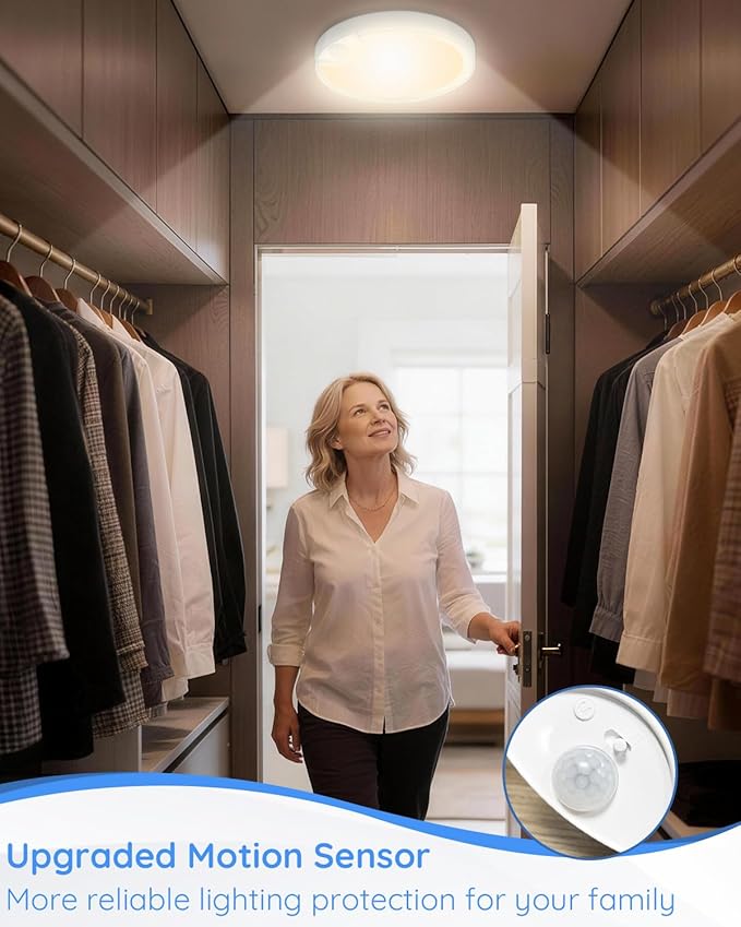 TOOWELL Rechargeable Motion Sensor Ceiling Light: Closet Lights Motion Sensored, Battery Operated Shower Light for Closet Shower Bathroom Pantry Porch 500LM, No Wired, 2 Pack