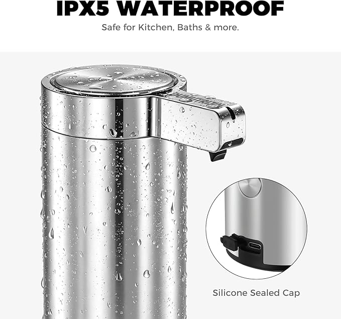 Touchless Automatic Soap Dispenser Wall Mount Stainless Steel with Sensor Infrared 9 oz Electric IPX5 Waterproof USB-C Charging Motion Sensor for Kitchen & Bathroom (Silver)