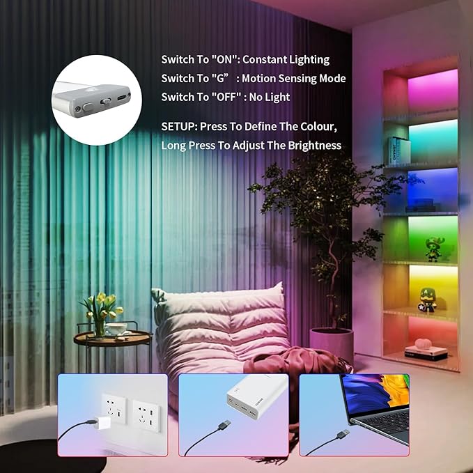 LEPOTEC Motion Sensor Cabinet Lighting,RGB LED Closet Lights Wireless USB Charging Cupboard Night Lights Bar for Under Counter,Kitchen,Bedroom, Home Decoration, Wedding, Christmas,3 Packs