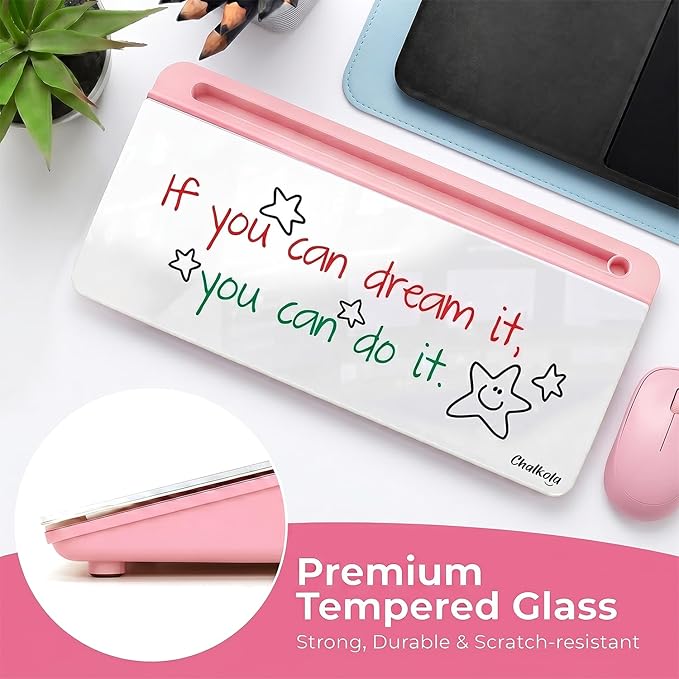 Chalkola Pink Glass Desktop Whiteboard with Storage - Dry Erase Board, Work Desk Organizers, Computer Keyboard Stand, Home Office Desk Accessories, Workspace Desktop Buddy
