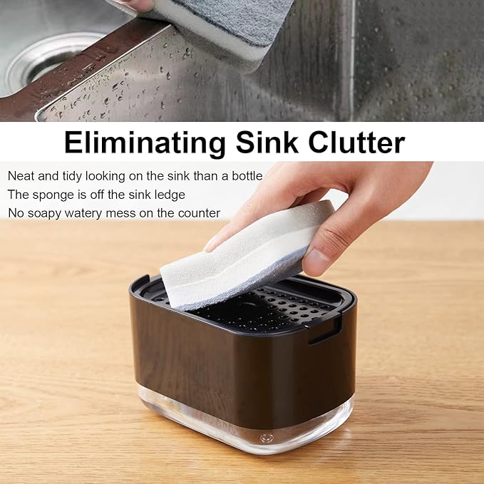 10oz Dish Soap Dispenser for Kitchen Sink with Sponge Holder Push Down Pump Soap Dispenser Kitchen Premium Quality Sink Dish Washing- Black
