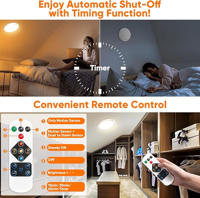 Rechargeable Motion Sensor Ceiling Light with Remote, Battery Operated Closet Light No Wiring, Wireless LED Shower Lights, 3 Colors Dimmable Indoor Overhead Lamp for Closet Shower Pantry Shed Hallway