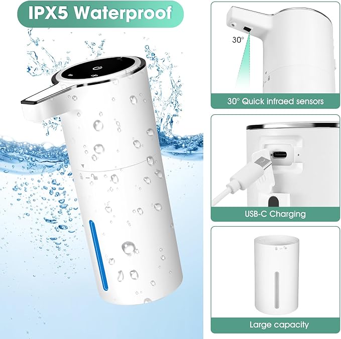 Touchless Automatic Soap Dispenser, 2 Pack Smart Sensor Foam Hand Wash Dispenser, USB Rechargeable & Adjustable Customizable for Bathroom Countertop Kitchen Sink, 13.5 oz White