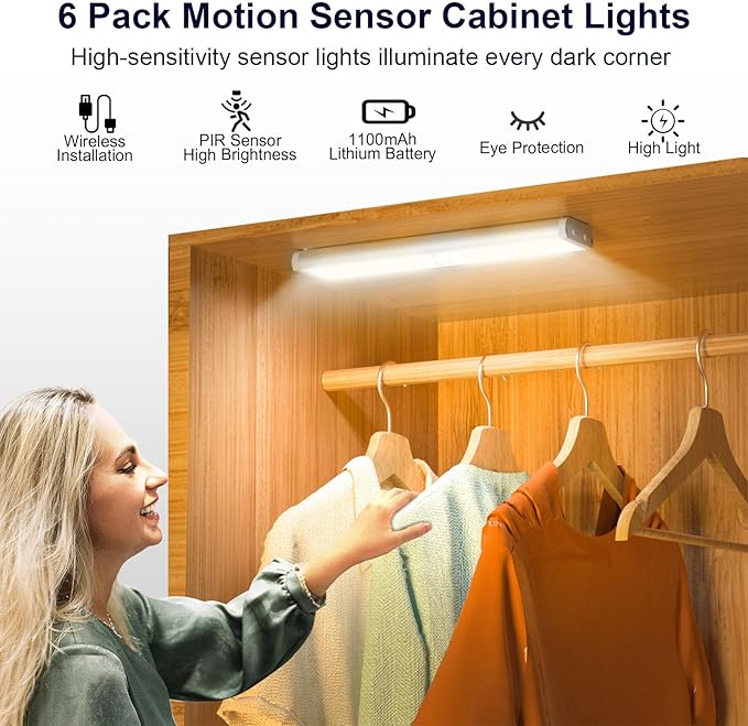 Diomart Under Cabinet Lights, Rechargeable Motion Sensor Light Indoor Night Lights, 58 LED Wireless Under Counter Lighting with Remote Control for Kitchen, Wardrobe, Hallway, Stairs (6 Pcs)