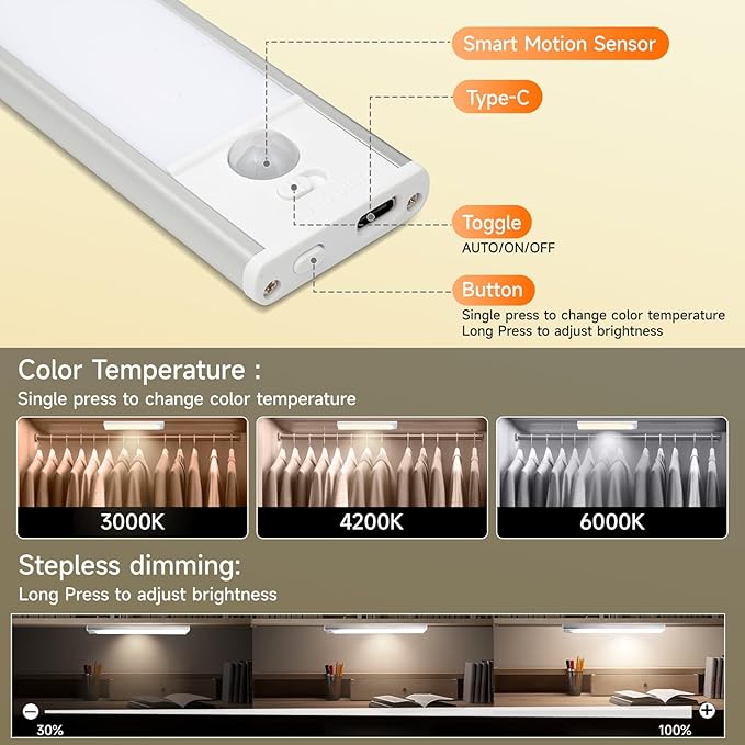 8 inch Under Cabinet Lighting, 1100mAh Rechargeable Motion Sensor Light with 3 Color Temps, Dimmable USB-C Closet Light, Magnetic LED Under Counter Lights for Kitchen, Closet, Pantry