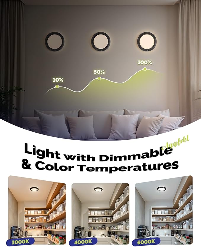10,000mAh Rechargeable Ceiling Light with Remote, Wireless Waterproof Shower Lights 3000K/4000K/6000K, Battery Powered Light for Closet Battery Operated, Motion Sensor Lights No Wiring, Black