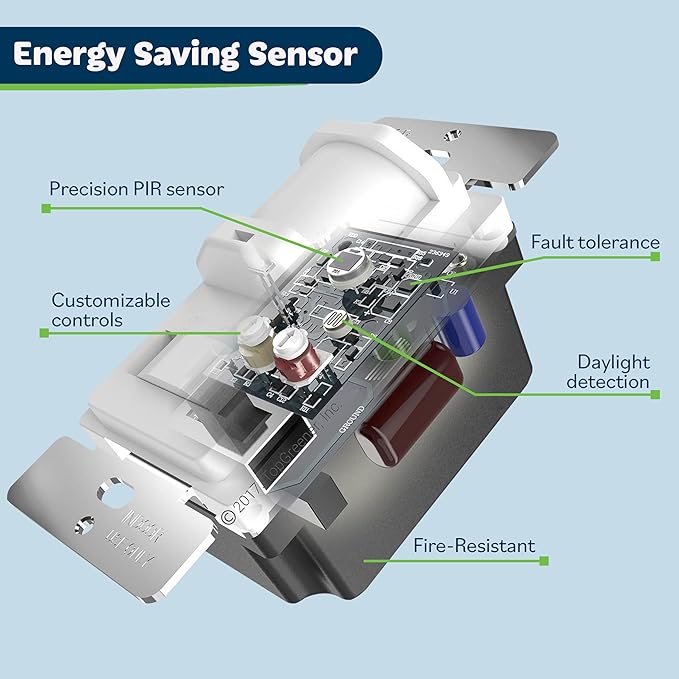 TOPGREENER In-Wall PIR Motion Sensor Light Switch, Single Pole Occupancy Sensor Switch, Motion Sensor Switch, Need Neutral Wire, Wall Plate Included, On/Off Override, 4A, 500W, TSOS5-W, White, 2 Pack