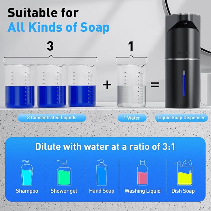 Fantictas Automatic Soap Dispenser,Touchless Hand Wall Mount Rechargeable 3 Gear Adjustable Electric Soap Dispenser 350ml with Infrared Motion Sensor for Bathroom,Kitchen,Office, Black Gel