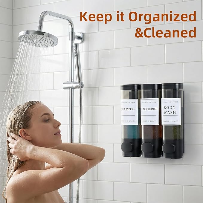 Shampoo and Conditioner Dispenser,Shower Soap Dispenser 3 Chamber No Drill Wall-Mounted Shampoo Dispenser for Shower Wall Mounted Shower Dispenser for Bathroom Hotel Large Capacity,Black