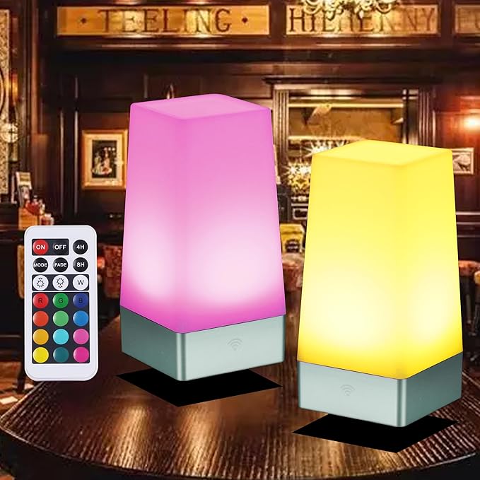 WRalwaysLX LED 2Square Night Light with Remote Control,Color Changing Table Lamp Battery Operated Lamp, Bedroom,Kitchen USE 3xAA Battery (not Include)