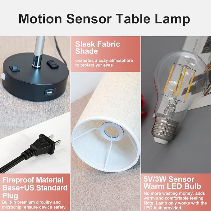 lifeholder Table Lamp with Motion Sensor and Constant on Mode, USB Lamp Include Warm White Bulb, Built in USB Port & AC Outlet, Bedside Lamp Idea for Bedroom Retro Cream