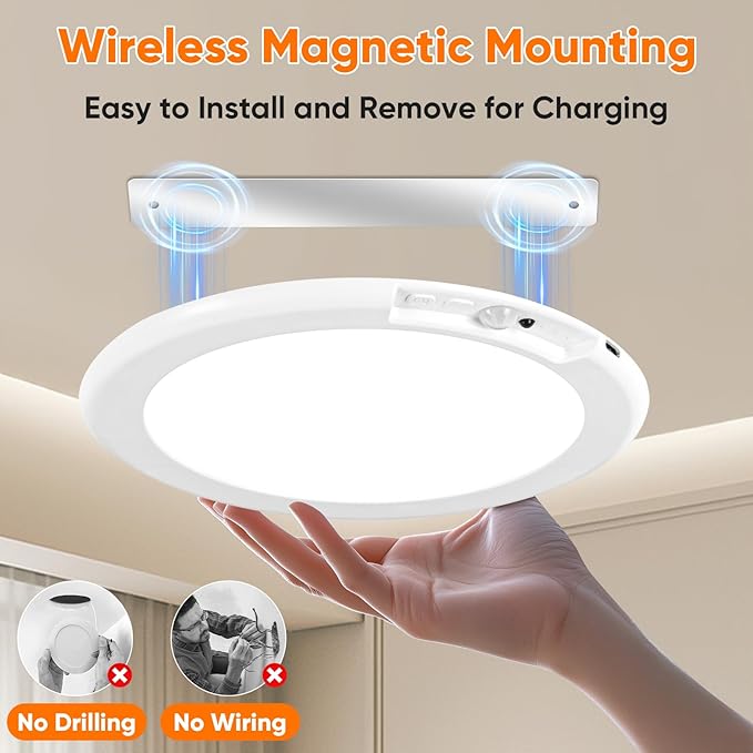 Rechargeable Motion Sensor Ceiling Light with Remote, Battery Operated Closet Light No Wiring, Wireless LED Shower Lights, 3 Colors Dimmable Indoor Overhead Lamp for Closet Shower Pantry Shed Hallway