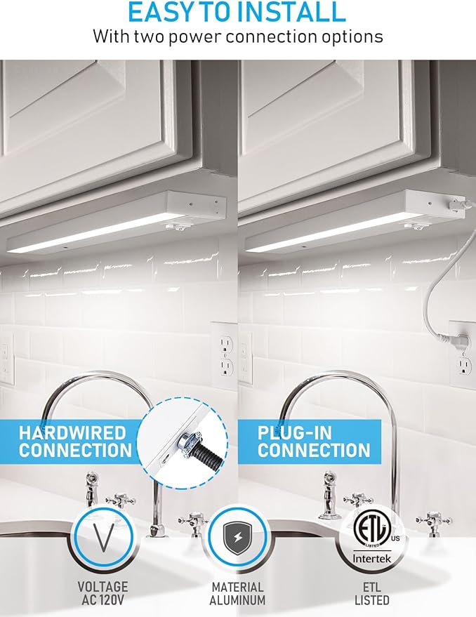 TORCHSTAR LED Under Cabinet Lighting 3CCT, 22 Inch 14W 960LM, Hardwired & Plug-in, Hand Wave Motion Sensor, CRI90 120V ETL Dimmable Under Counter Lights for Kitchen, White Aluminum Housing, Pack of 2