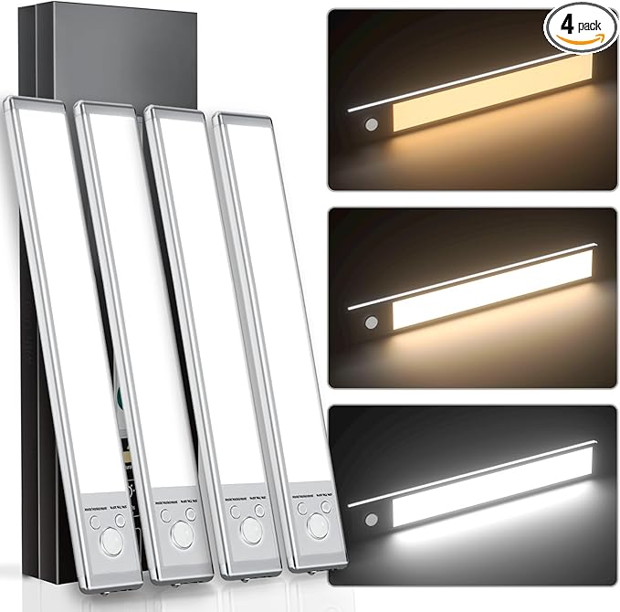 SOUL LINK Under Cabinet Lights, 88 LED Operated Motion Sensor Light Indoor, 2200mAh USB Rechargeable Closet Lights, 4 Pack Magnetic Dimmable Wireless Under Counter Lights for Kitchen, Stairs