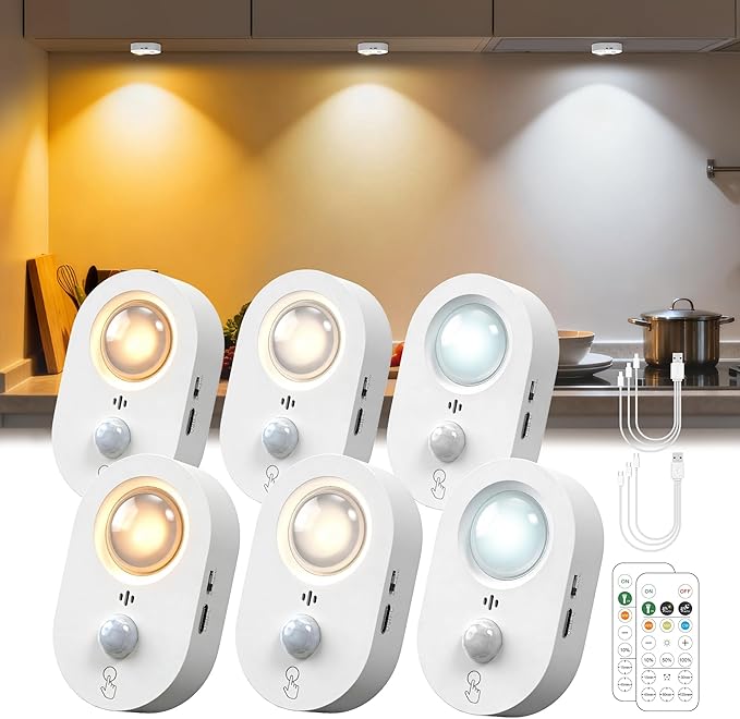 LOHAS 6-Pack Rechargeable Motion Sensor LED Puck Lights, Stick-On Wireless Magnetic Night Lights with Remote, Adjustable Brightness, Dimmable Under Counter Lights for Drawer, Kitchen, Bedroom, White