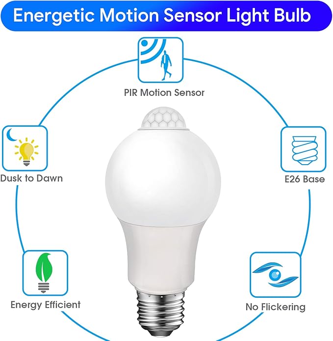 Energetic Motion Sensor Light Bulb, 60 Watt Equivalent (8.5W), Indoor/Outdoor Automatic Activated by Motion, A19, E26, 5000K Dusk to Dawn Security Bulbs for Entrance, Porch, Stairs, Hallway, 2 Pack